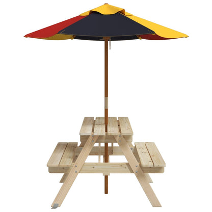 vidaXL Picnic Table for 4 Kids with Umbrella Solid Wood Fir - Brown