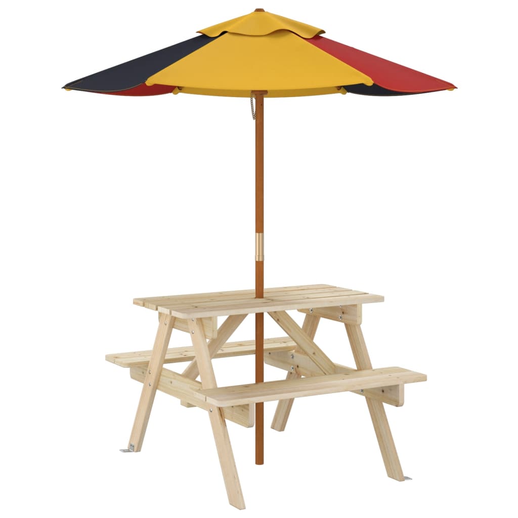vidaXL Picnic Table for 4 Kids with Umbrella Solid Wood Fir - Brown