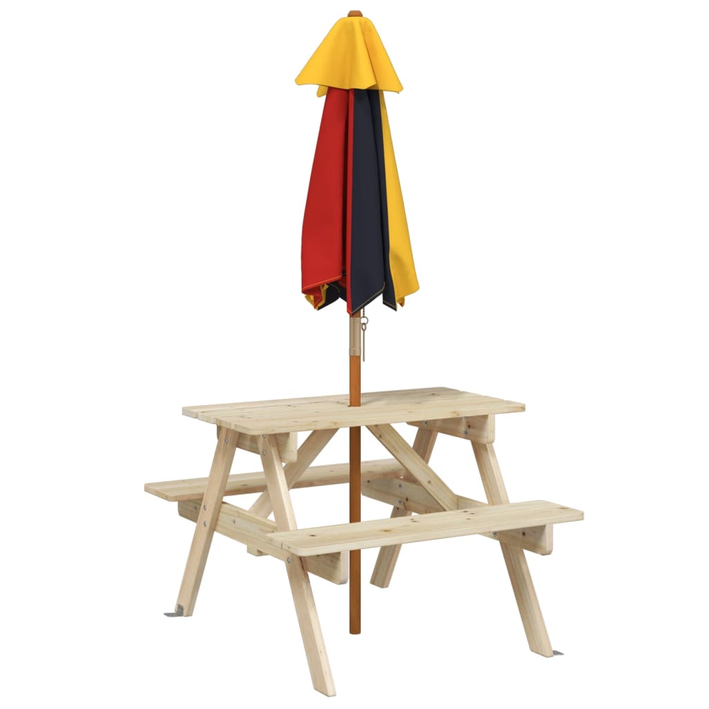 vidaXL Picnic Table for 4 Kids with Umbrella Solid Wood Fir - Brown