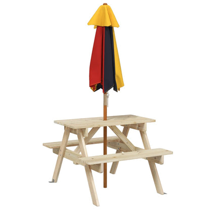 vidaXL Picnic Table for 4 Kids with Umbrella Solid Wood Fir - Brown