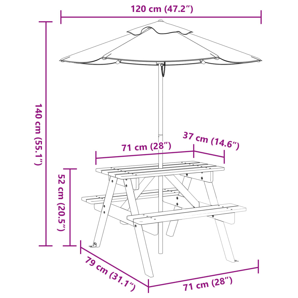 vidaXL Picnic Table for 4 Kids with Umbrella Solid Wood Fir - Brown