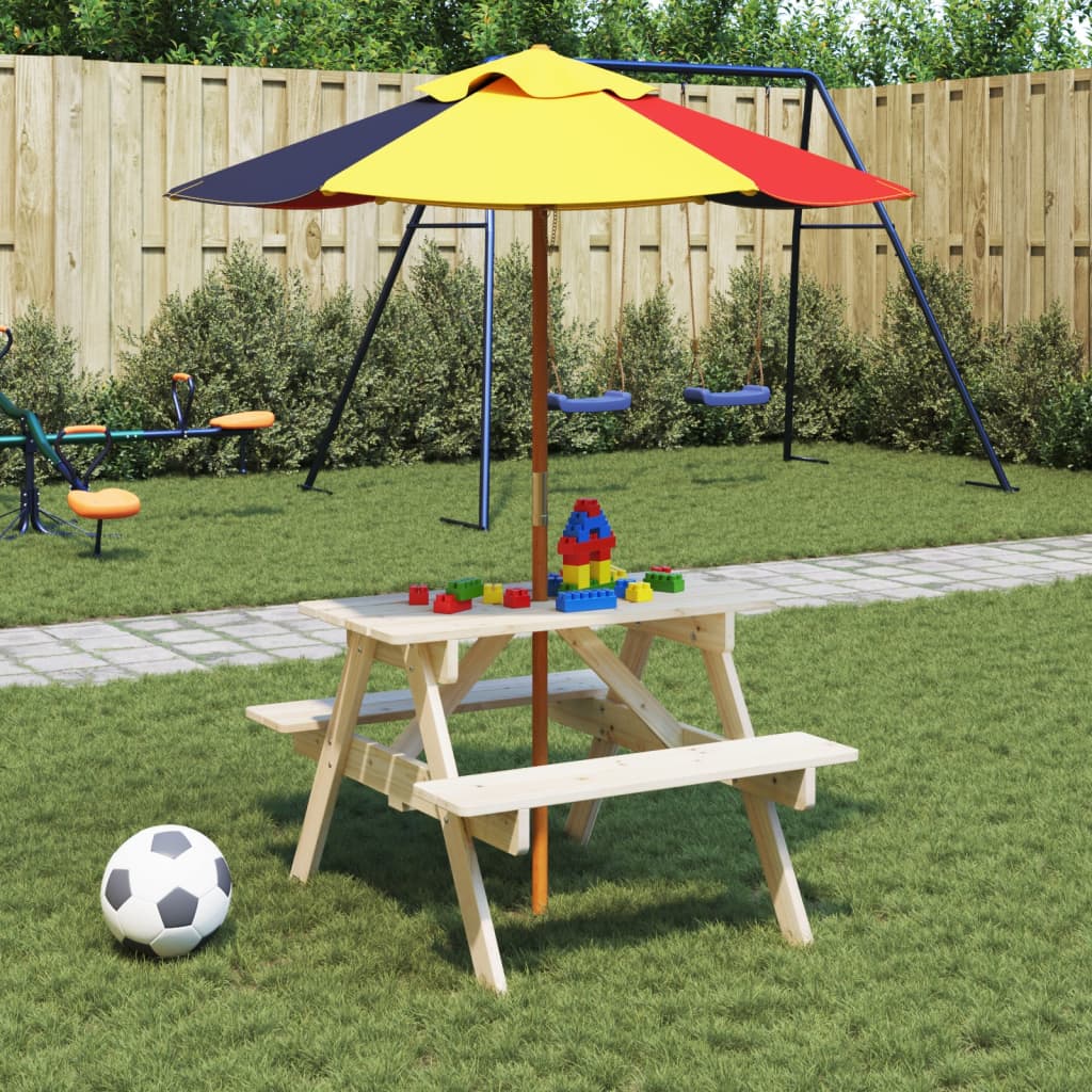 vidaXL Picnic Table for 4 Kids with Umbrella Solid Wood Fir - Brown