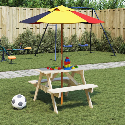 vidaXL Picnic Table for 4 Kids with Umbrella Solid Wood Fir - Brown