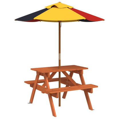 vidaXL Picnic Table for 4 Kids with Umbrella Solid Wood Fir - Brown - 24698