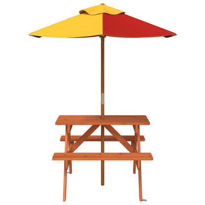 vidaXL Picnic Table for 4 Kids with Umbrella Solid Wood Fir - Brown - 24698