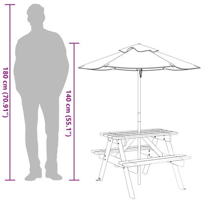 vidaXL Picnic Table for 4 Kids with Umbrella Solid Wood Fir - Brown - 24698