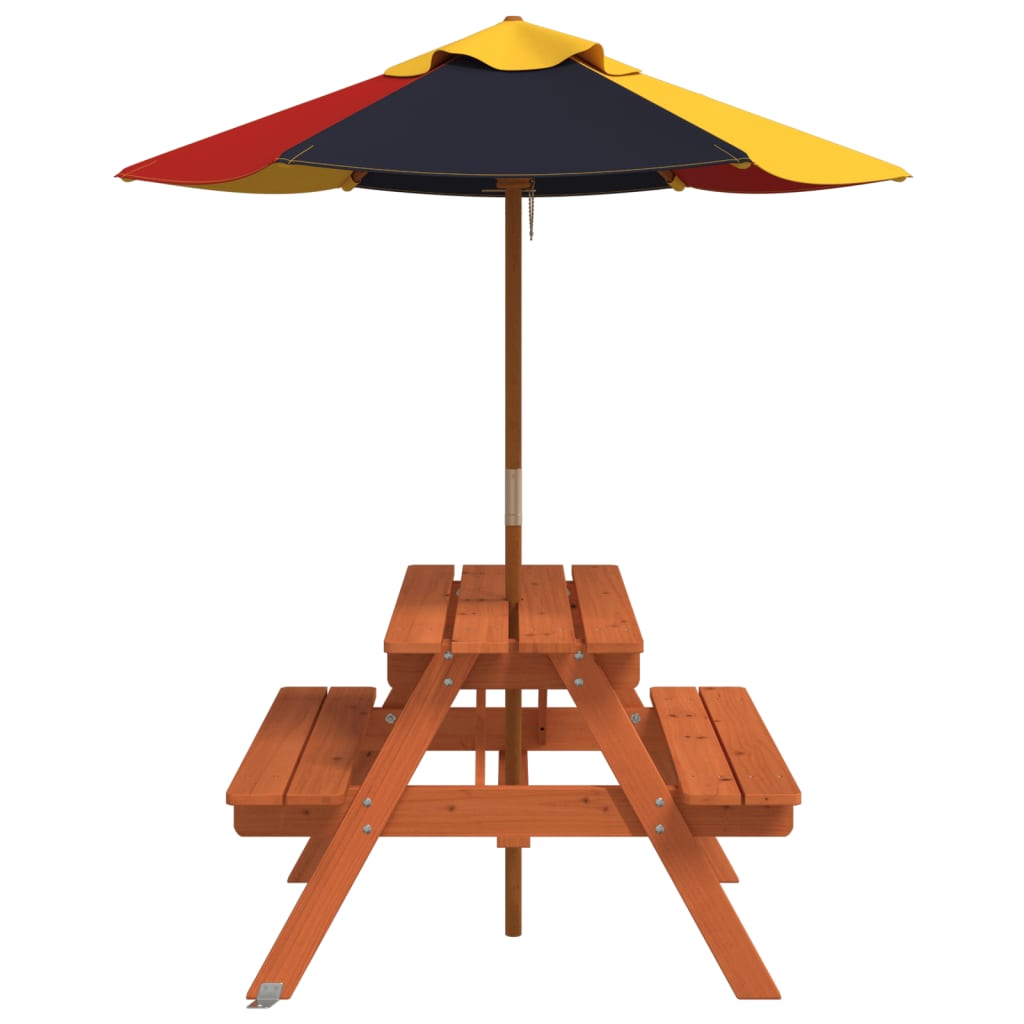 vidaXL Picnic Table for 4 Kids with Umbrella Solid Wood Fir - Brown - 24698