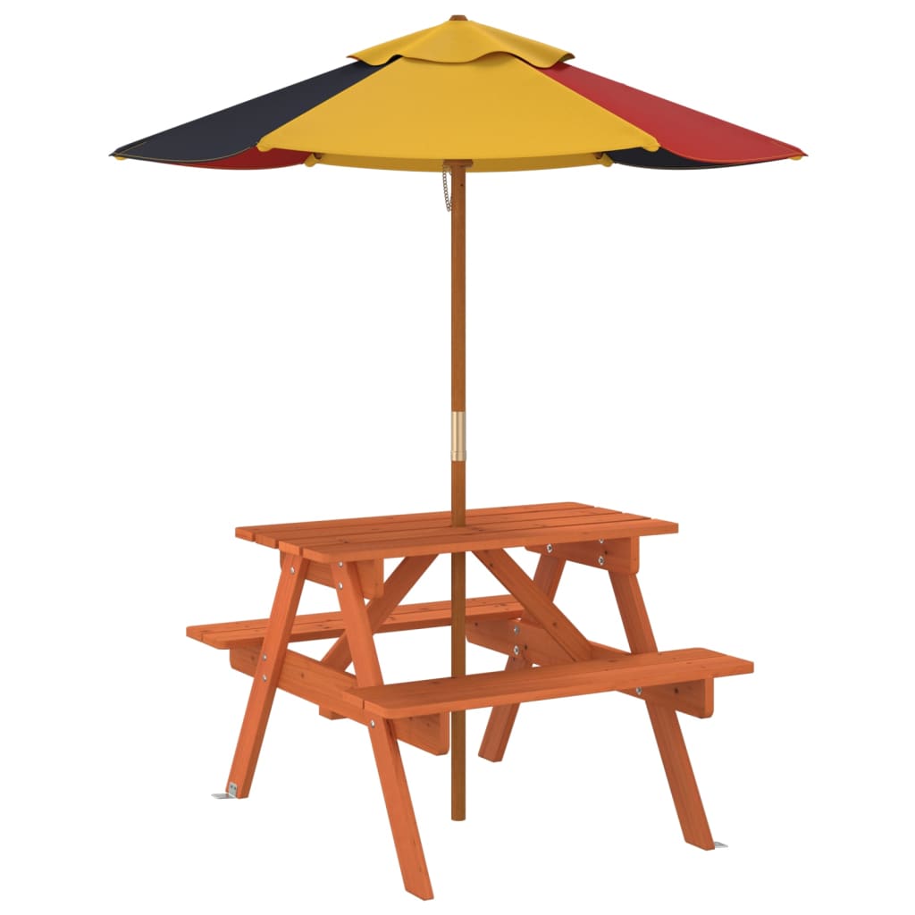 vidaXL Picnic Table for 4 Kids with Umbrella Solid Wood Fir - Brown - 24698