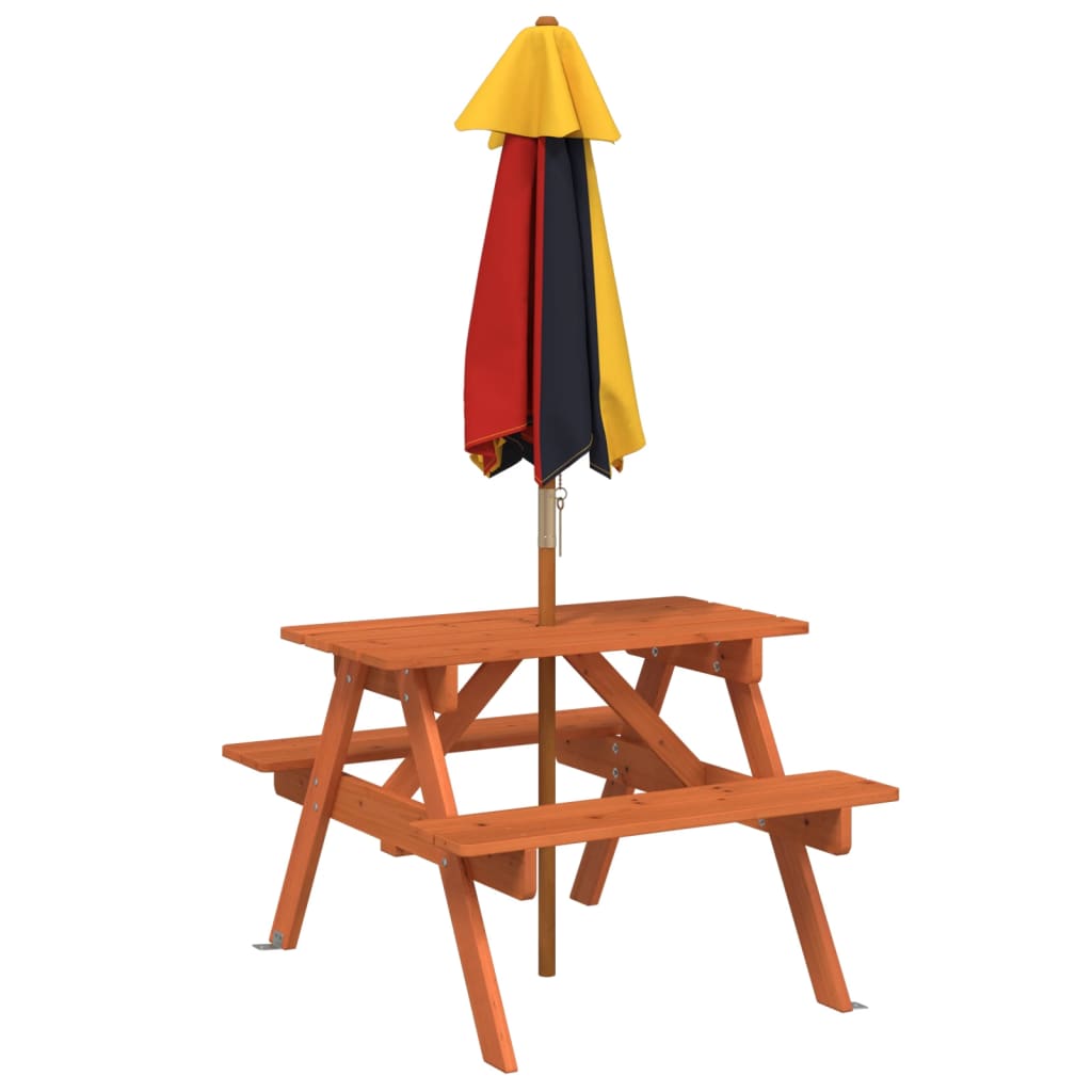 vidaXL Picnic Table for 4 Kids with Umbrella Solid Wood Fir - Brown - 24698