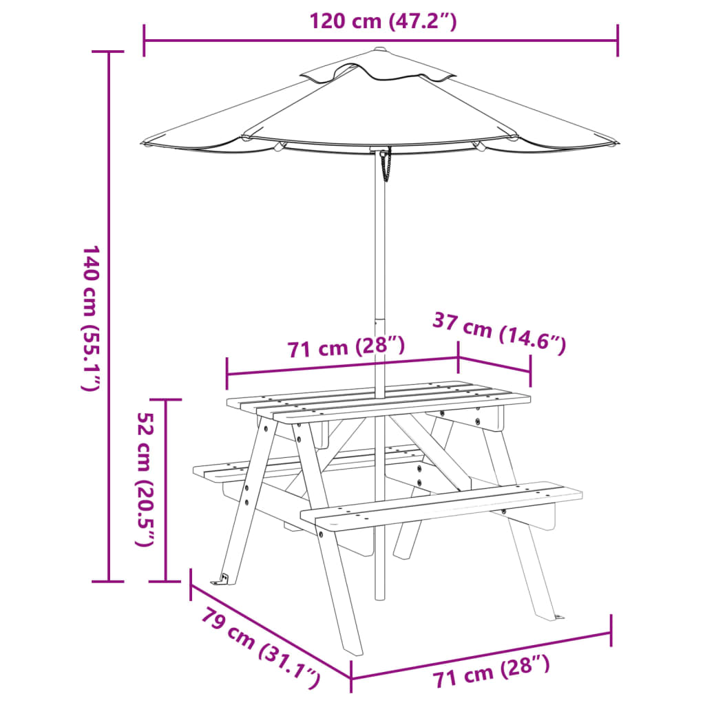 vidaXL Picnic Table for 4 Kids with Umbrella Solid Wood Fir - Brown - 24698