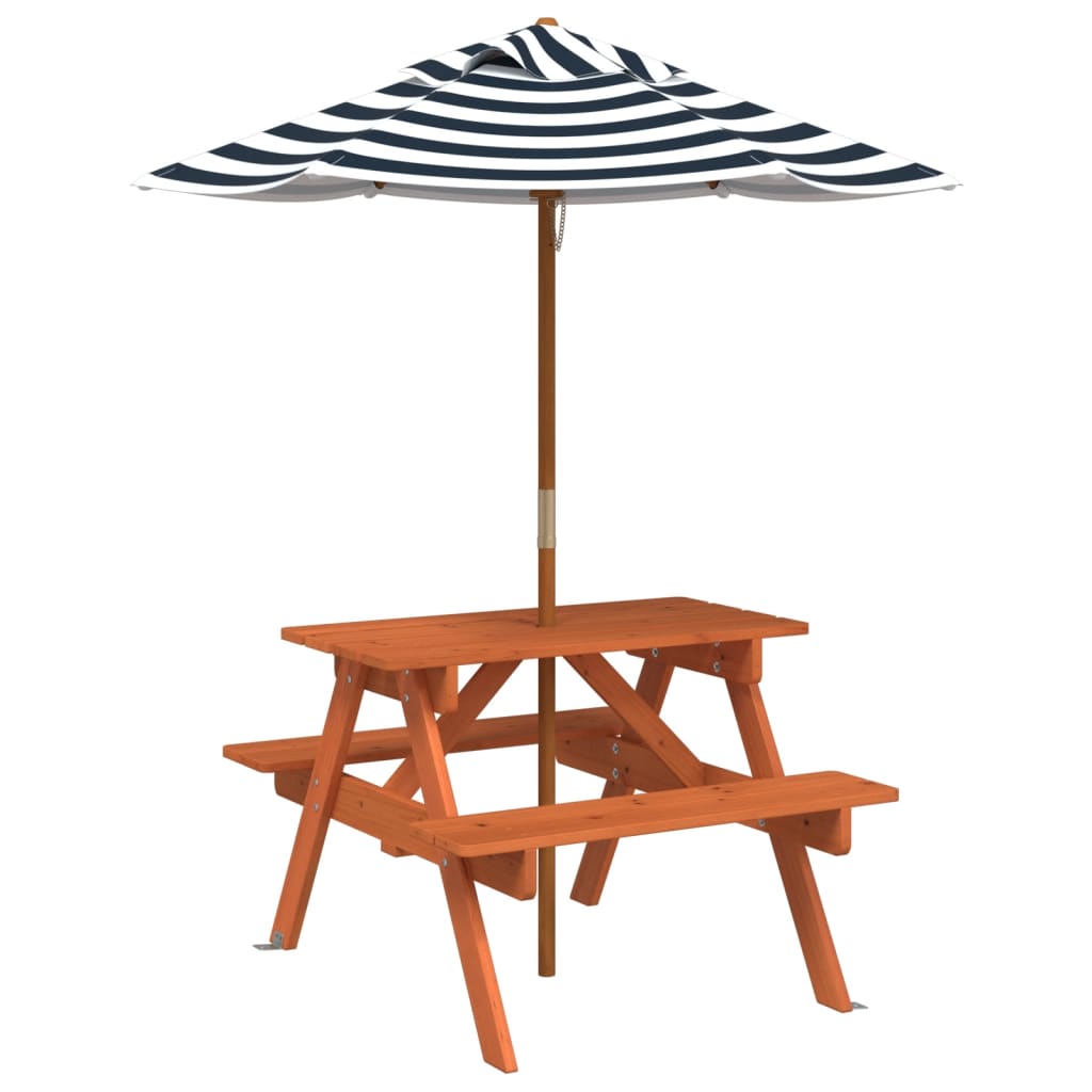 vidaXL Picnic Table for 4 Kids with Umbrella Solid Wood Fir - Brown - 24701