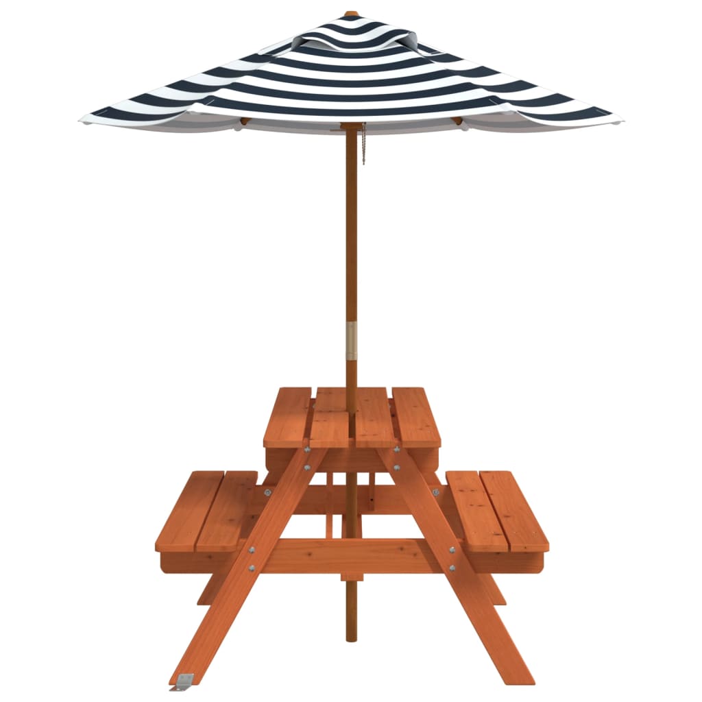 vidaXL Picnic Table for 4 Kids with Umbrella Solid Wood Fir - Brown - 24701