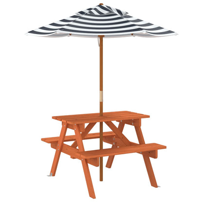 vidaXL Picnic Table for 4 Kids with Umbrella Solid Wood Fir - Brown - 24701