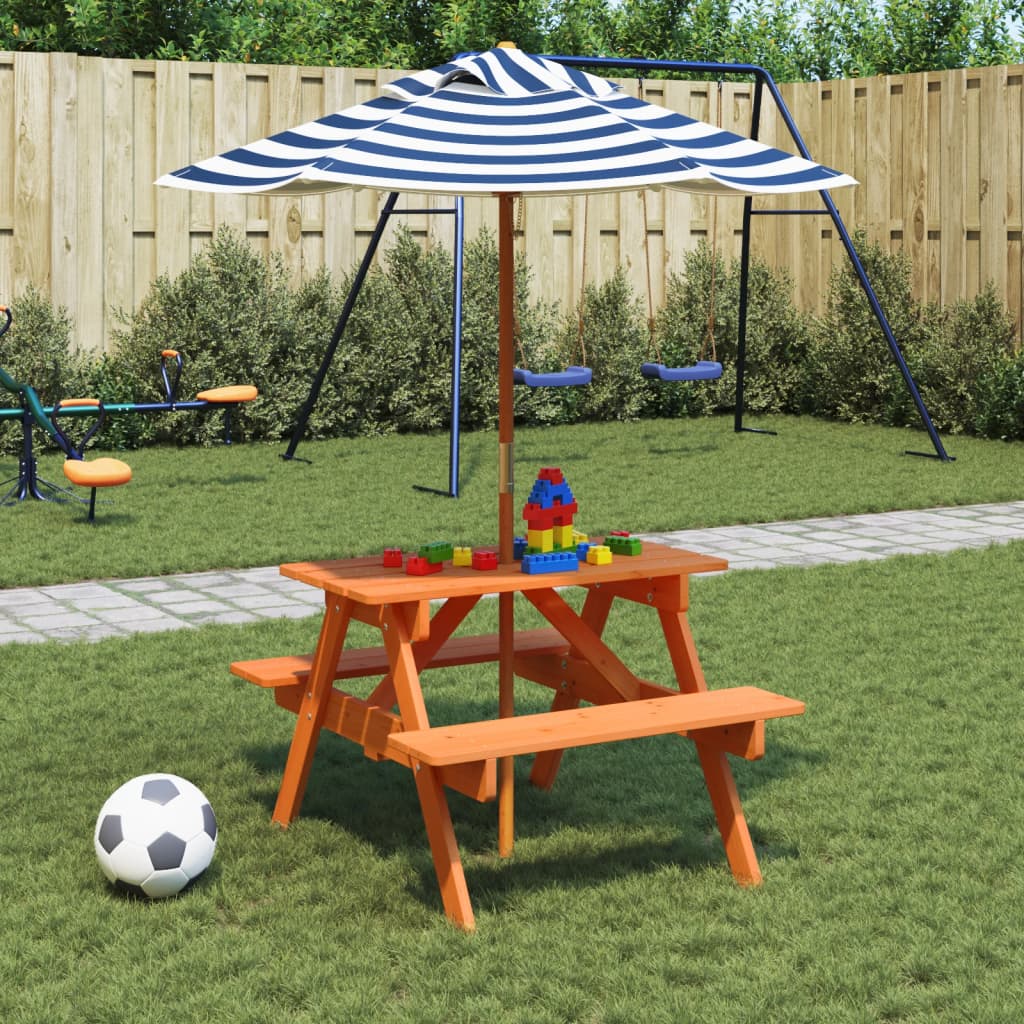 vidaXL Picnic Table for 4 Kids with Umbrella Solid Wood Fir - Brown - 24701