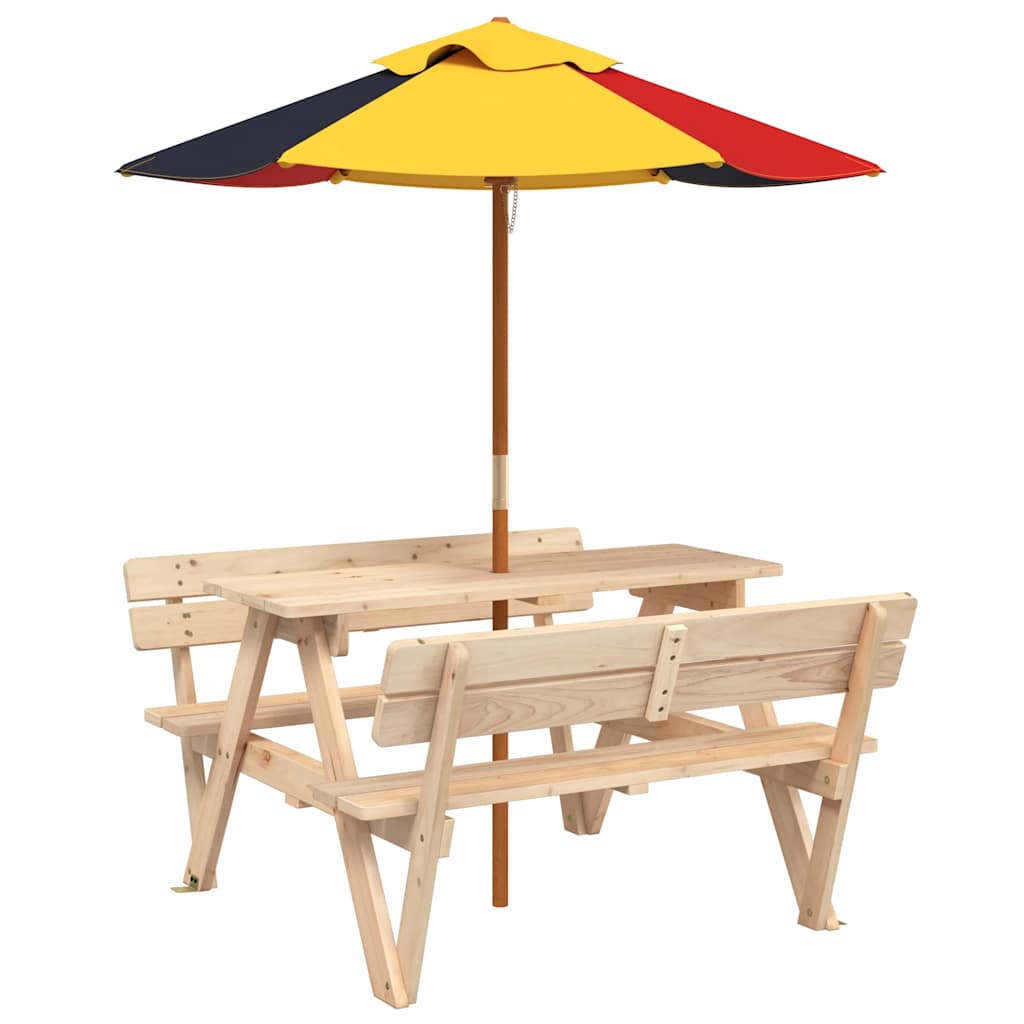 vidaXL Picnic Table for 4 Kids with Umbrella Solid Wood Fir - Brown - 24708