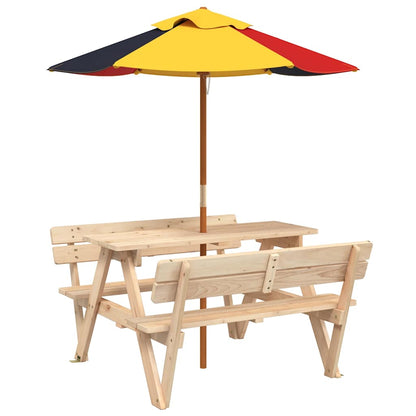 vidaXL Picnic Table for 4 Kids with Umbrella Solid Wood Fir - Brown - 24708
