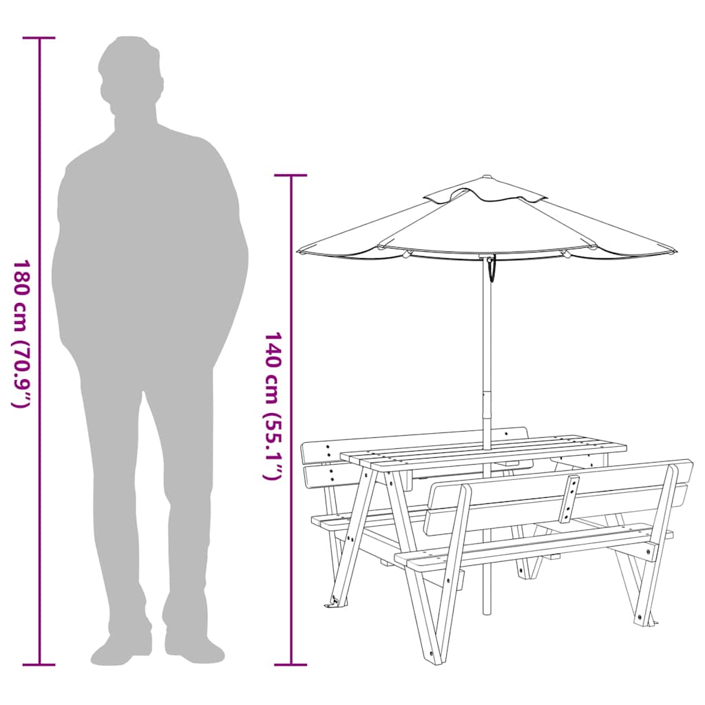 vidaXL Picnic Table for 4 Kids with Umbrella Solid Wood Fir - Brown - 24708