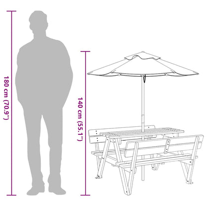 vidaXL Picnic Table for 4 Kids with Umbrella Solid Wood Fir - Brown - 24708