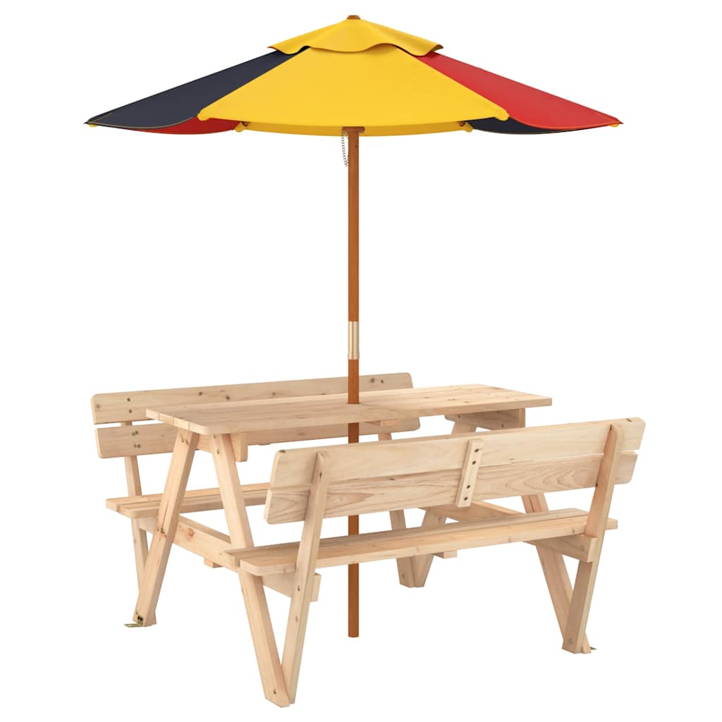 vidaXL Picnic Table for 4 Kids with Umbrella Solid Wood Fir - Brown - 24708