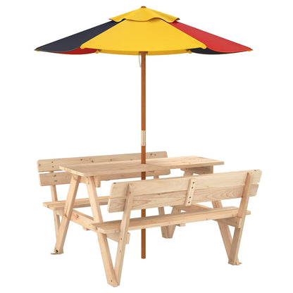 vidaXL Picnic Table for 4 Kids with Umbrella Solid Wood Fir - Brown - 24708