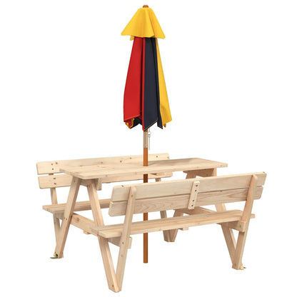 vidaXL Picnic Table for 4 Kids with Umbrella Solid Wood Fir - Brown - 24708