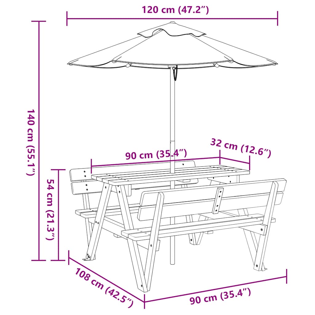 vidaXL Picnic Table for 4 Kids with Umbrella Solid Wood Fir - Brown - 24708