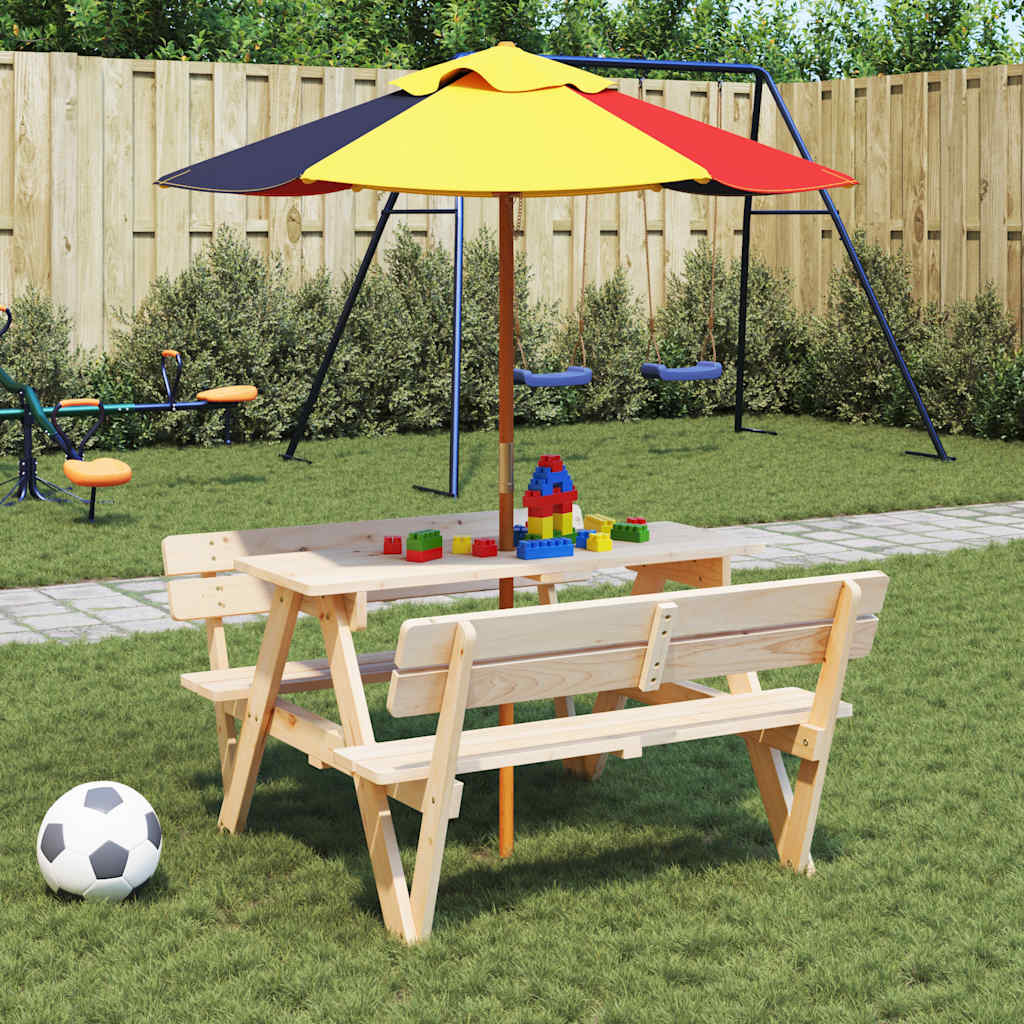 vidaXL Picnic Table for 4 Kids with Umbrella Solid Wood Fir - Brown - 24708