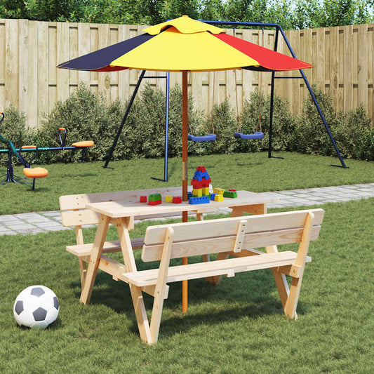 vidaXL Picnic Table for 4 Kids with Umbrella Solid Wood Fir - Brown - 24708