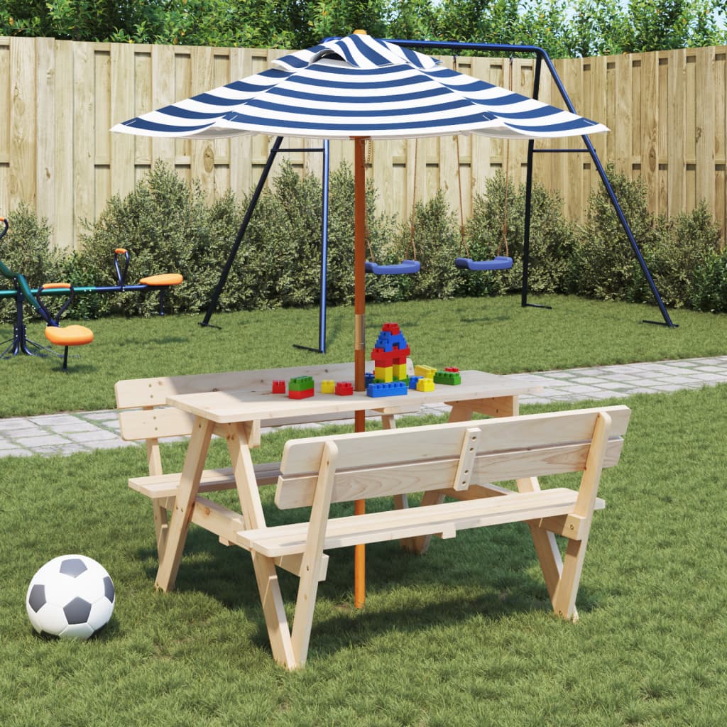 vidaXL Picnic Table for 4 Kids with Umbrella Solid Wood Fir - Brown - 24710