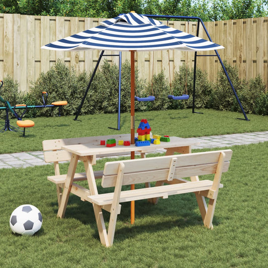 vidaXL Picnic Table for 4 Kids with Umbrella Solid Wood Fir - Brown - 24710