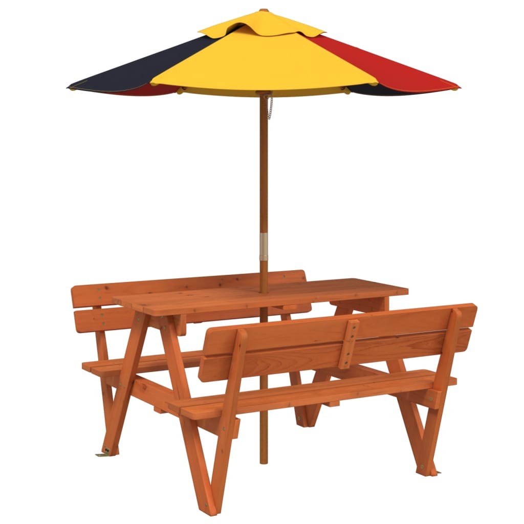 vidaXL Picnic Table for 4 Kids with Umbrella Solid Wood Fir - Brown - 24717