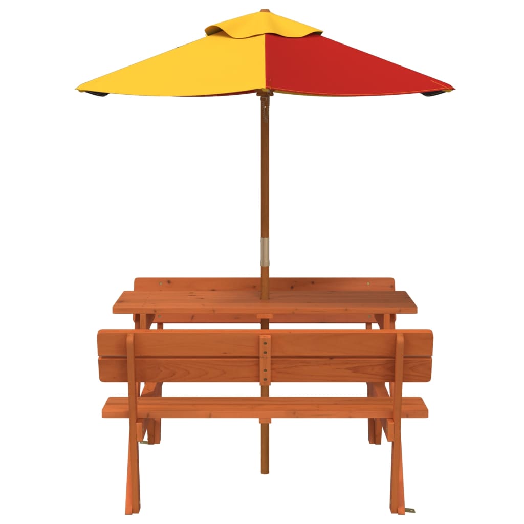 vidaXL Picnic Table for 4 Kids with Umbrella Solid Wood Fir - Brown - 24717