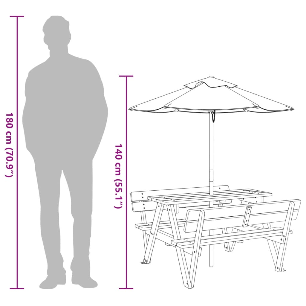 vidaXL Picnic Table for 4 Kids with Umbrella Solid Wood Fir - Brown - 24717