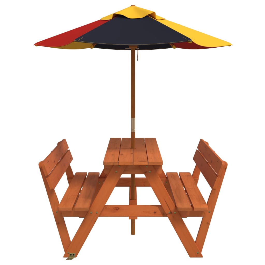 vidaXL Picnic Table for 4 Kids with Umbrella Solid Wood Fir - Brown - 24717