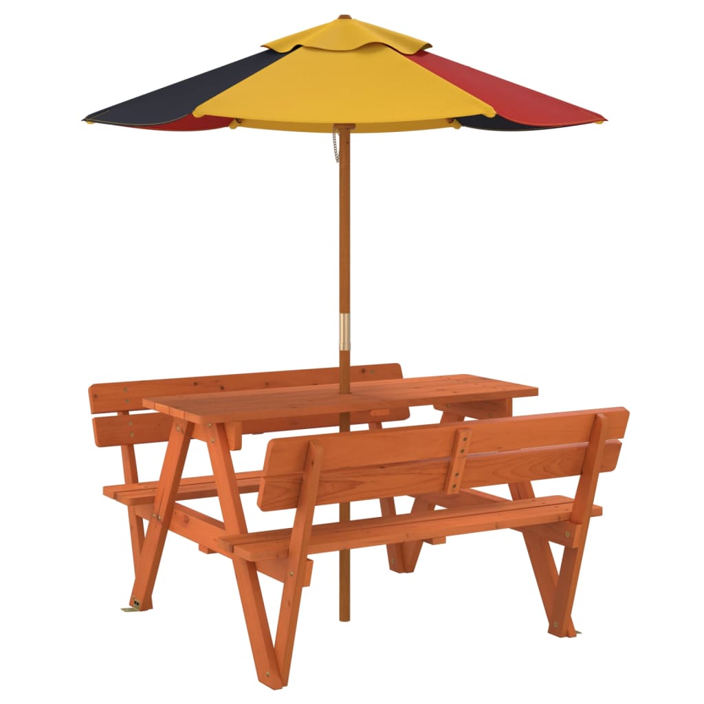 vidaXL Picnic Table for 4 Kids with Umbrella Solid Wood Fir - Brown - 24717