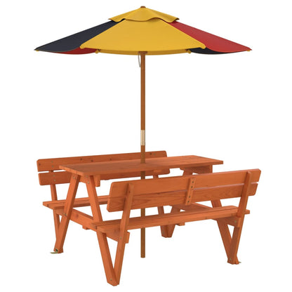 vidaXL Picnic Table for 4 Kids with Umbrella Solid Wood Fir - Brown - 24717