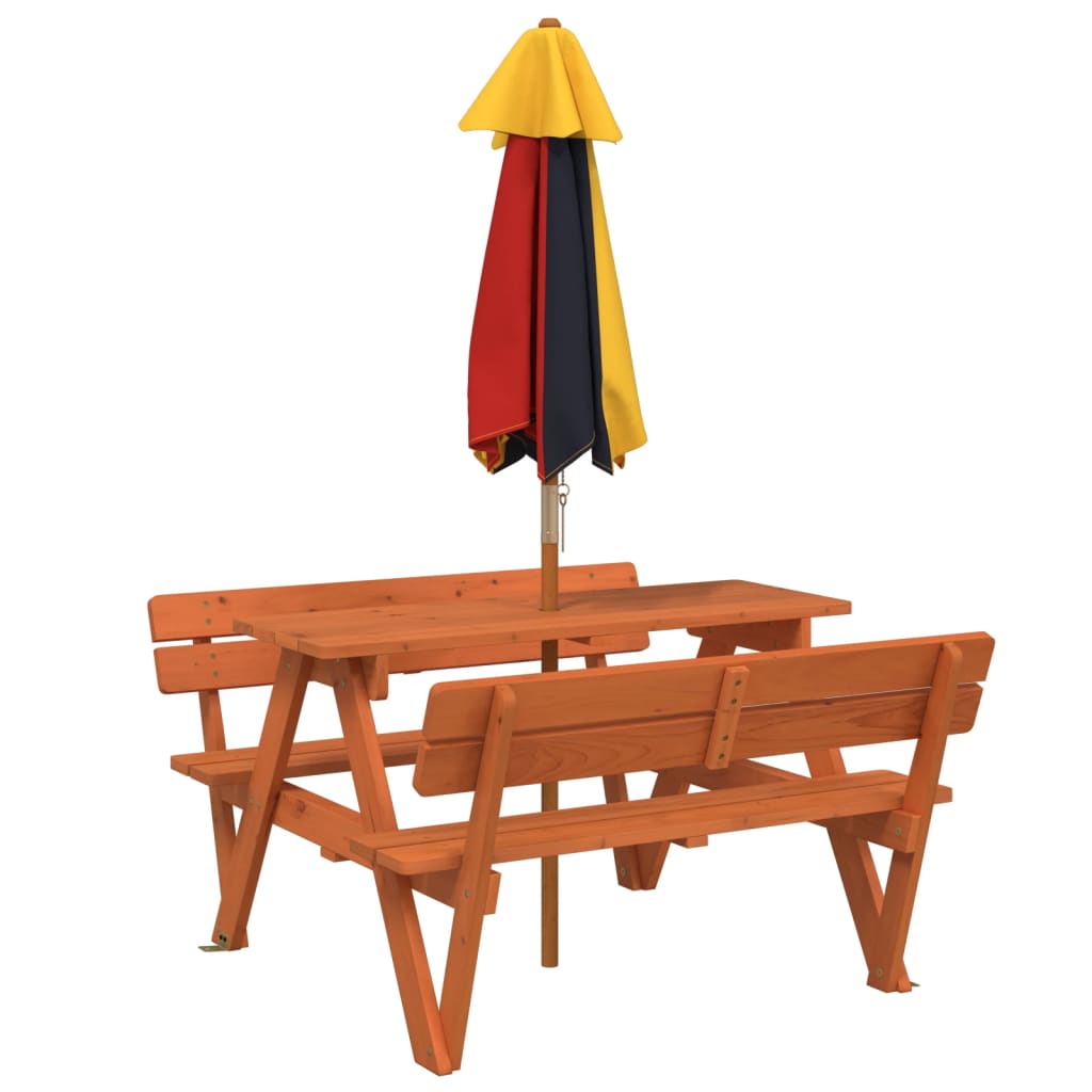 vidaXL Picnic Table for 4 Kids with Umbrella Solid Wood Fir - Brown - 24717