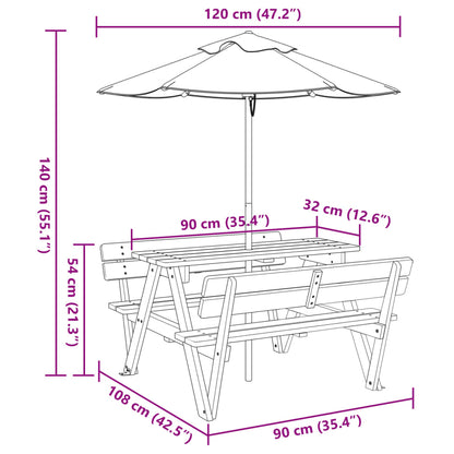 vidaXL Picnic Table for 4 Kids with Umbrella Solid Wood Fir - Brown - 24717