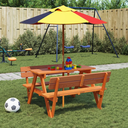 vidaXL Picnic Table for 4 Kids with Umbrella Solid Wood Fir - Brown - 24717