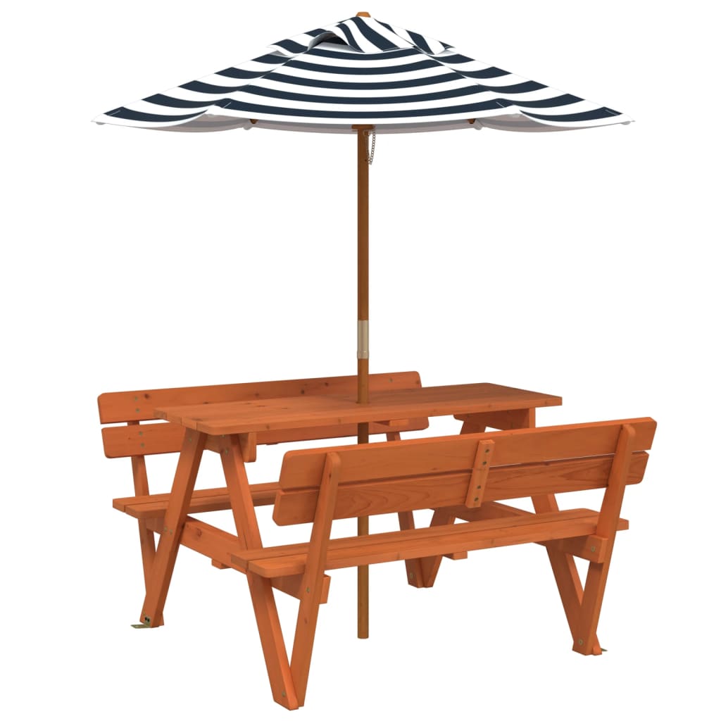 vidaXL Picnic Table for 4 Kids with Umbrella Solid Wood Fir - Brown - 24721