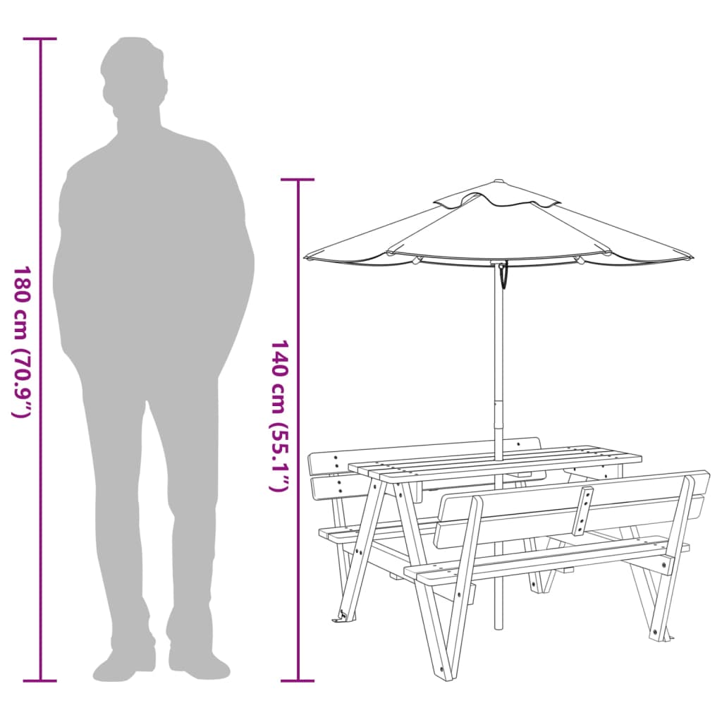 vidaXL Picnic Table for 4 Kids with Umbrella Solid Wood Fir - Brown - 24721