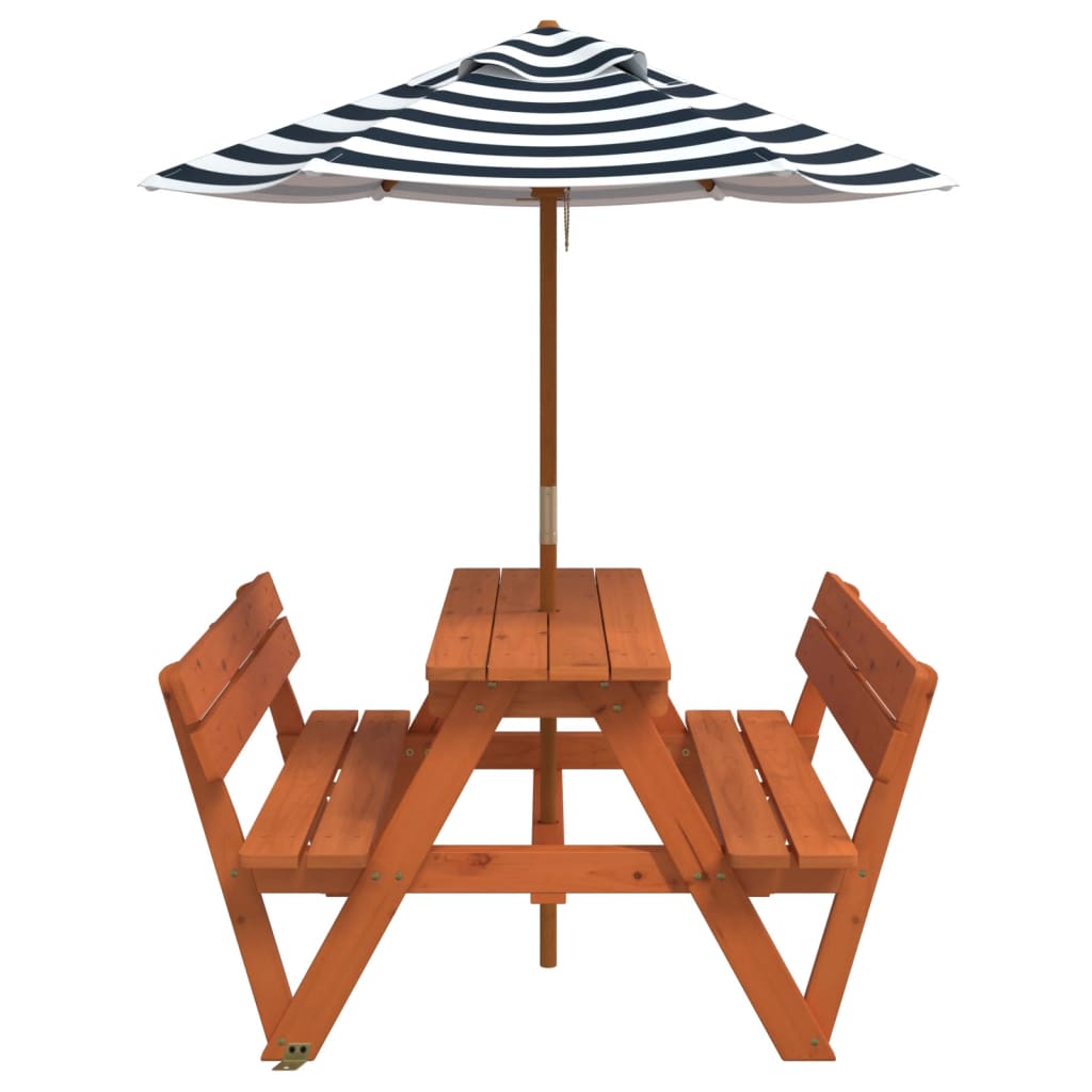 vidaXL Picnic Table for 4 Kids with Umbrella Solid Wood Fir - Brown - 24721