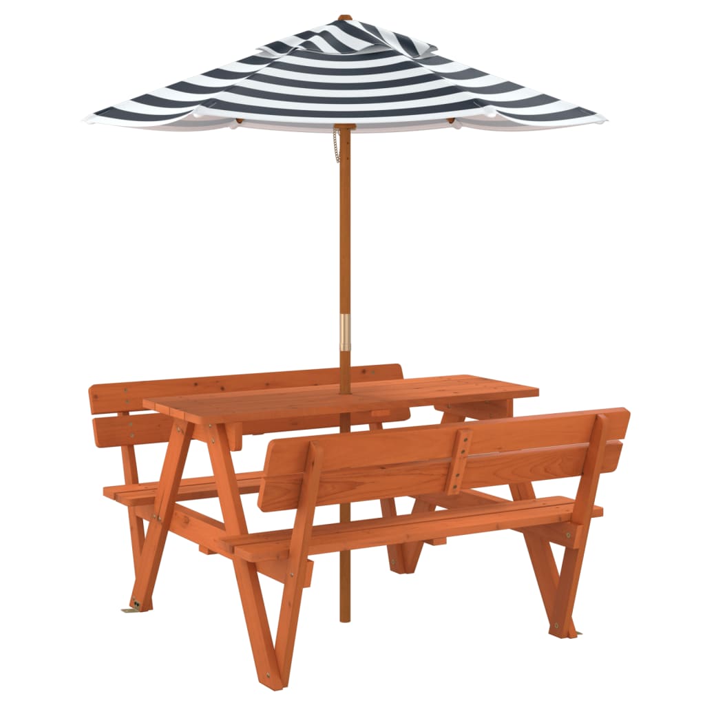 vidaXL Picnic Table for 4 Kids with Umbrella Solid Wood Fir - Brown - 24721