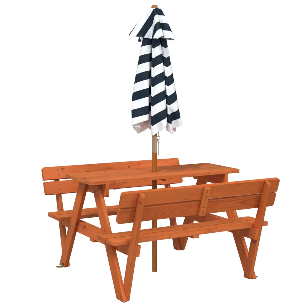 vidaXL Picnic Table for 4 Kids with Umbrella Solid Wood Fir - Brown - 24721