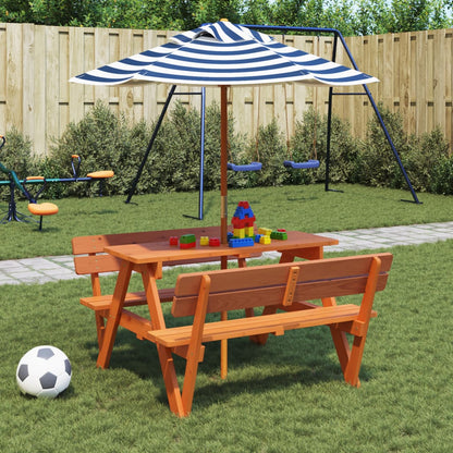 vidaXL Picnic Table for 4 Kids with Umbrella Solid Wood Fir - Brown - 24721