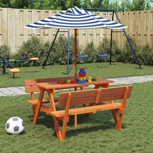 vidaXL Picnic Table for 4 Kids with Umbrella Solid Wood Fir - Brown - 24721