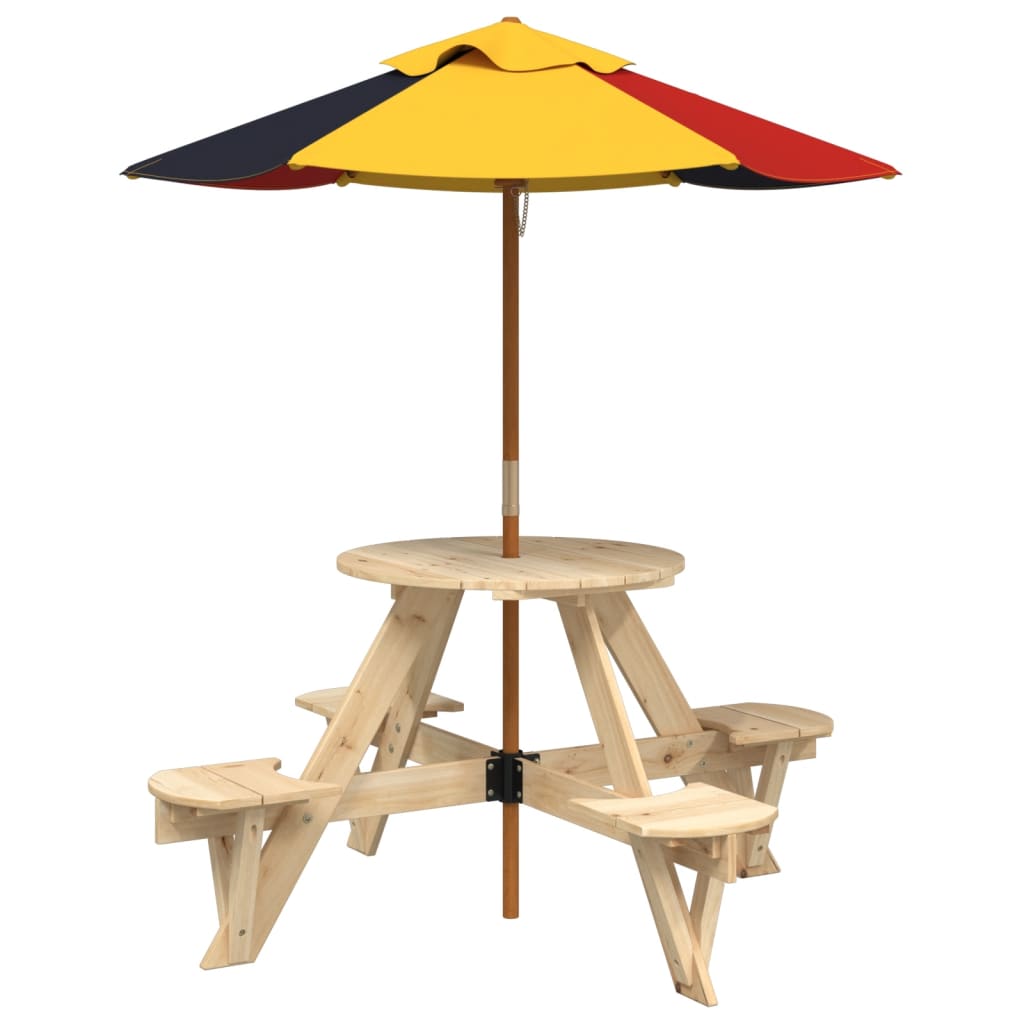 vidaXL Picnic Table for 4 Kids with Umbrella Round Solid Wood Fir - Brown