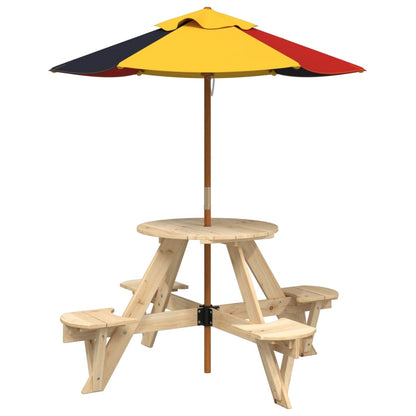 vidaXL Picnic Table for 4 Kids with Umbrella Round Solid Wood Fir - Brown