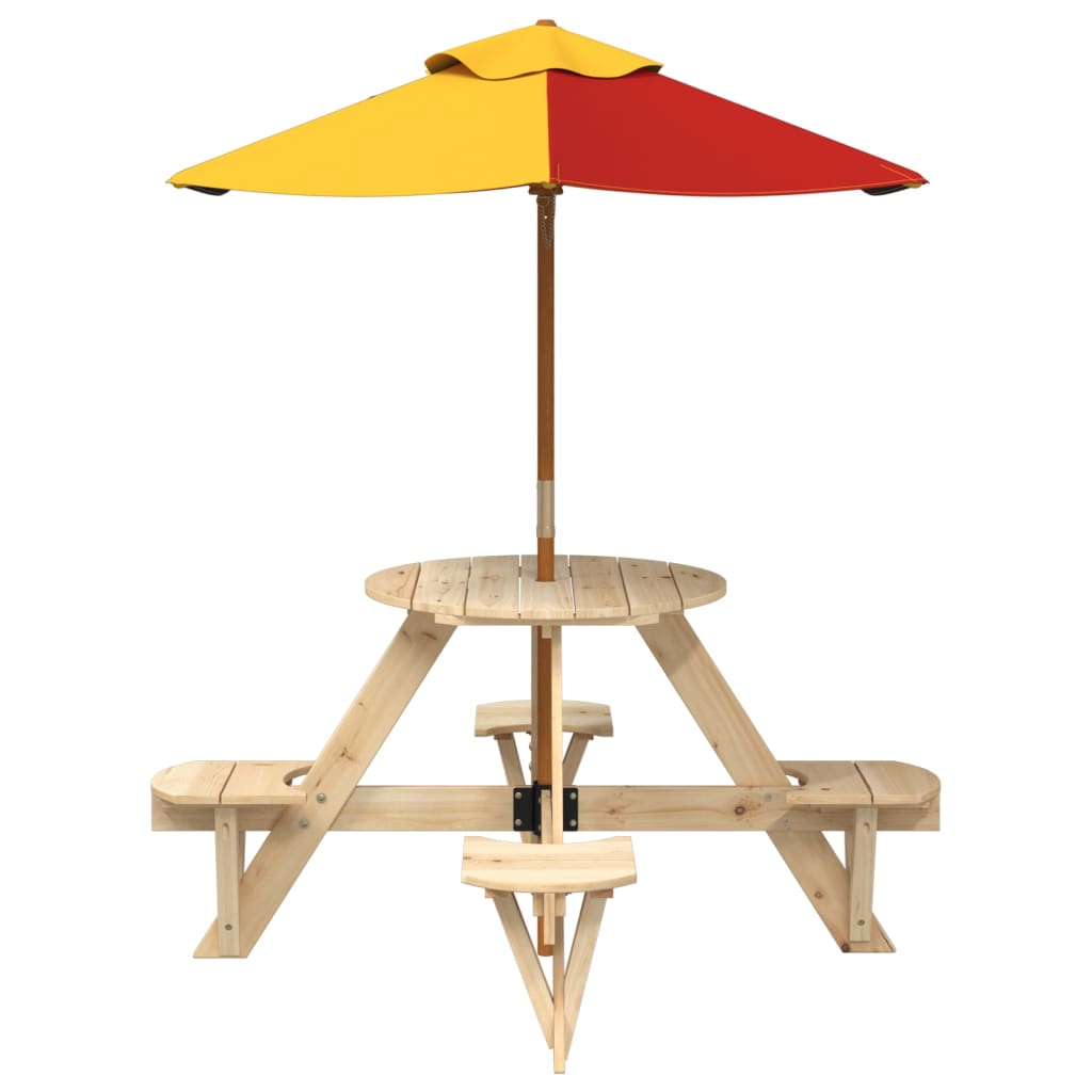 vidaXL Picnic Table for 4 Kids with Umbrella Round Solid Wood Fir - Brown