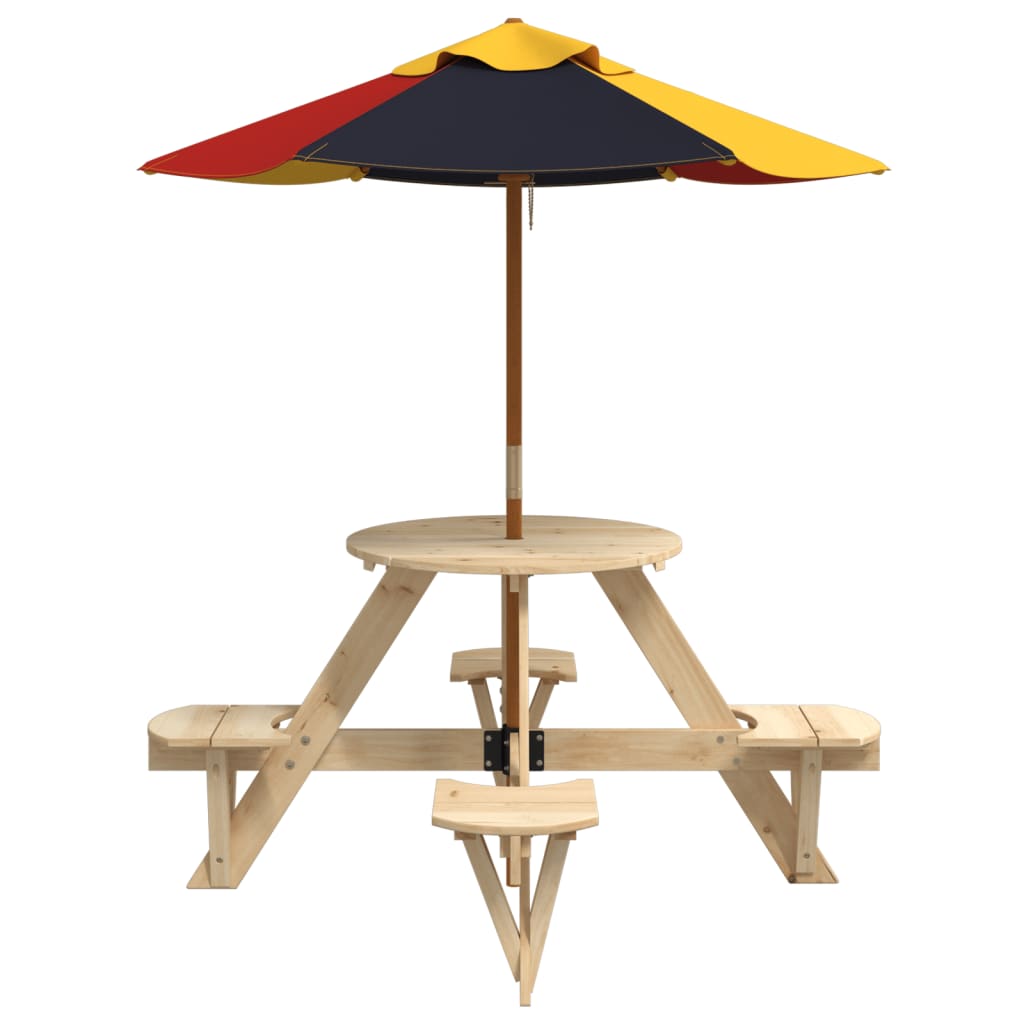 vidaXL Picnic Table for 4 Kids with Umbrella Round Solid Wood Fir - Brown